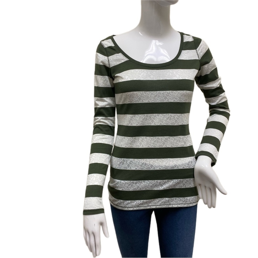 EXPRESS Long Sleeve Shirt- Green and White - Cotton Polyester